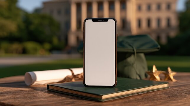 Graduation Cap and Diploma on Table with Smartphone in Front of School Building