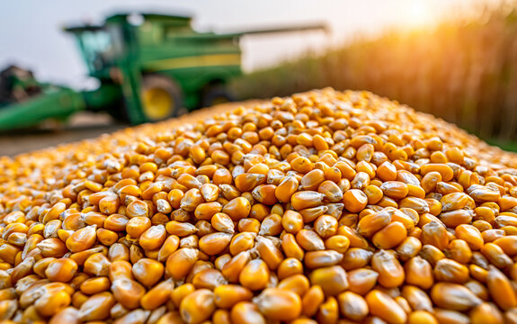 A pile of freshly harvested corn kernels in the foreground, with a combine harvester in the background during a sunny day