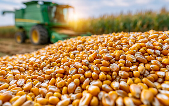 A pile of freshly harvested corn kernels in the foreground, with a combine harvester in the background during a sunny day
