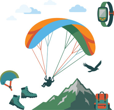 Paragliding Extreme Sports Icon Set Featuring Paraglider Canopy, Helmet, Boots, Altimeter Watch, Backpack, Mountain Peak, and Eagle Vectors