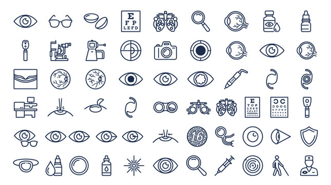 Set of diverse medical and healthcare icons featuring anatomical eyes, medical tools, and diagnostic symbols in a uniform style.