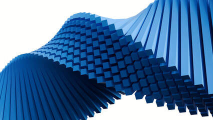 Obraz premium 3D render of abstract twisted blue cubic bars isolated on white background. Perfect for technology presentations, modern architecture concepts, and digital business banners