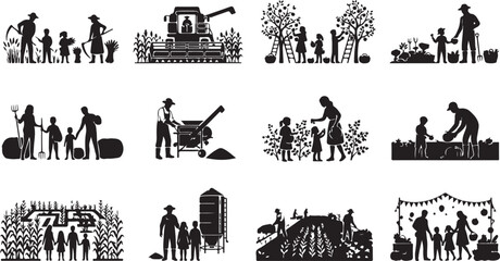 Fototapeta premium Black silhouettes of farmers and families working on a farm, harvesting crops, using agricultural machinery, and tending to orchards