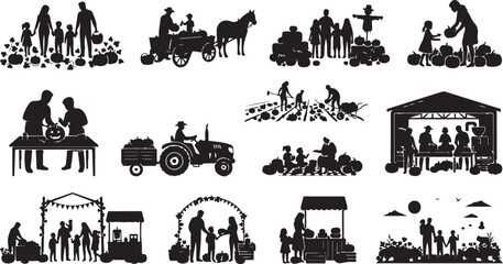 Fototapeta premium Collection of black silhouettes depicting families and children harvesting pumpkins on a farm during the autumn harvest season, set