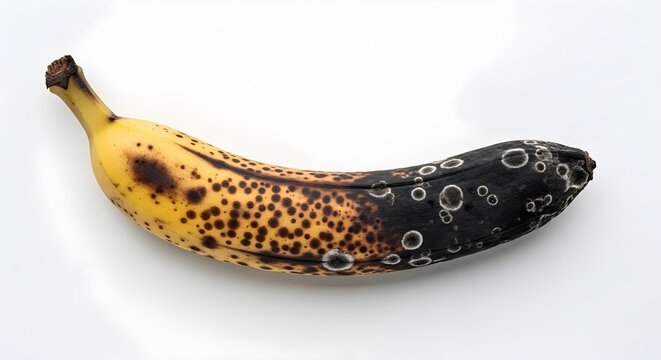 Overripe banana showing stages of decay and rotting process with mold spores on white background, conceptual food waste photography