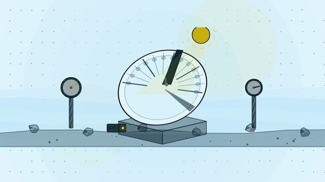 Abstract animated sundial shadow sweeping through the day drawn as cyan and teal lines and shapes on a bright, clean light background. Seamless looping 4K motion graphics video with free space for tex