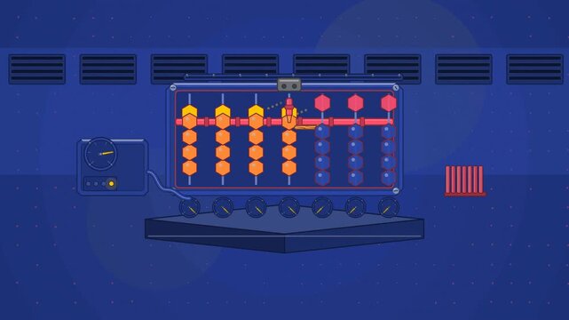 Abstract animated beads carrying across an abacus drawn as blue and cyan lines and shapes on a deep dark background. Seamless looping 4K motion graphics video with free space for text, ideal for educa