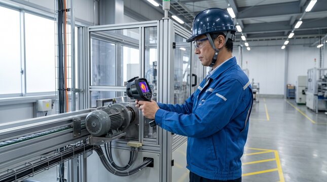 Technician Inspecting Factory Machinery with Thermal Camera