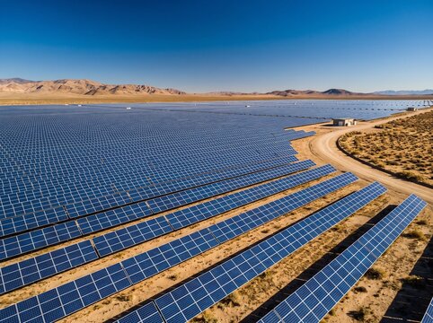 Massive solar power plant field in sunny desert with rows of blue panels stretching to horizon under clear blue sky