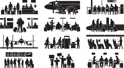 Fototapeta premium Set of black silhouettes depicting passengers and families at an airport, checking in, going through security, and boarding planes
