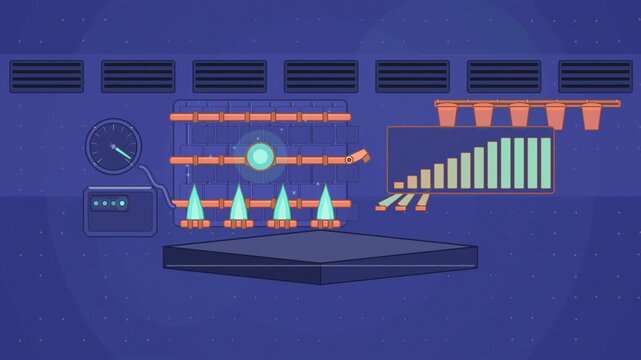 Abstract animated kiln ramping up through its firing schedule drawn as blue and cyan lines and shapes on a deep dark background. Seamless looping 4K motion graphics video with free space for text, ide