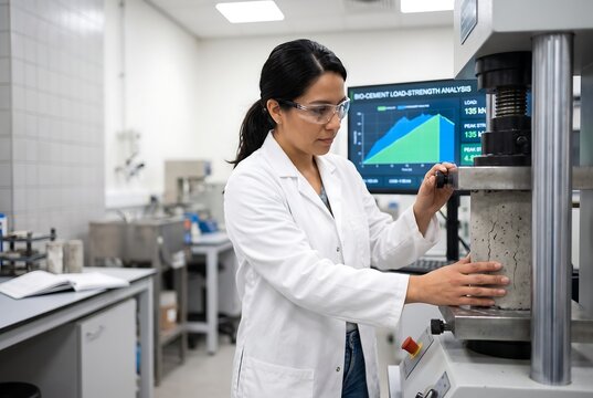 Female engineer testing concrete cylinder strength in a modern construction materials lab