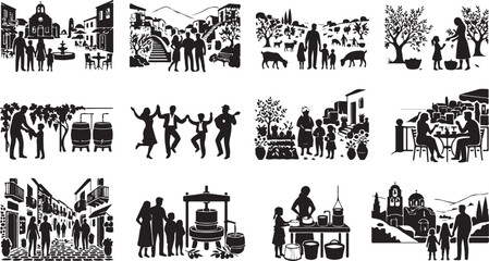 Fototapeta premium Set of black silhouettes illustrating traditional mediterranean village life, agriculture, olive harvesting, wine production, and family scenes