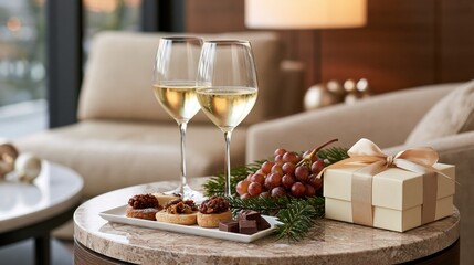 Fototapeta premium Two glasses of white wine with grapes chocolates and a gift box on a marble table