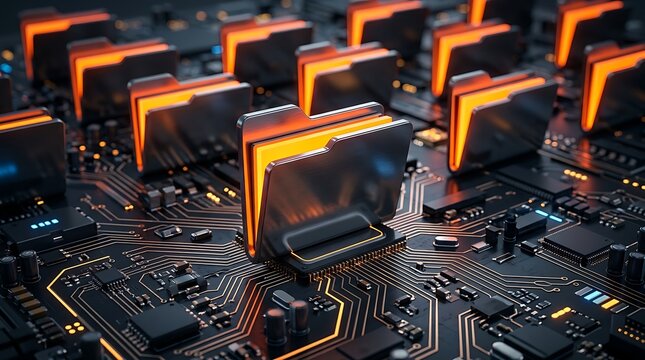 High-tech 3D visualization of digital data storage folders on a futuristic circuit board