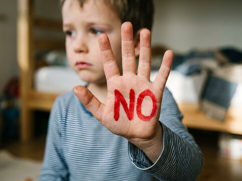 Young Child Showing Hand with NO Message on Palm. For child safety, anti bullying, personal boundaries, consent, communication, and saying no. Protest, refusal, child protection, personal boundaries