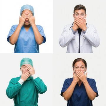 Shocked Medical Professionals Covering Eyes And Mouth In Surprise And Disbelief
