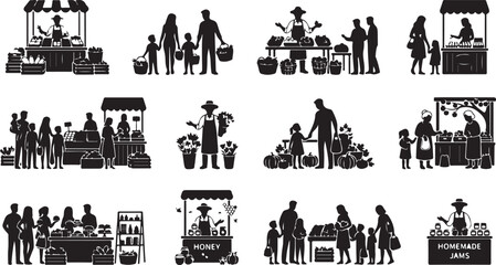 Fototapeta premium Set of farmers market silhouettes showing vendors fresh produce, honey, and homemade goods to families and customers in stalls
