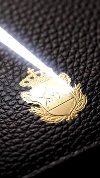 Luxury Crest Emblem with Golden Light Beam Animation on Black Leather Texture. Elegant Logo Reveal with Motion Graphics.