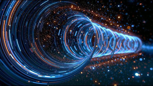 A vpn tunnel appears as a bright light tube with stars all around in a digital environment. The visuals shift to show movement and depth.