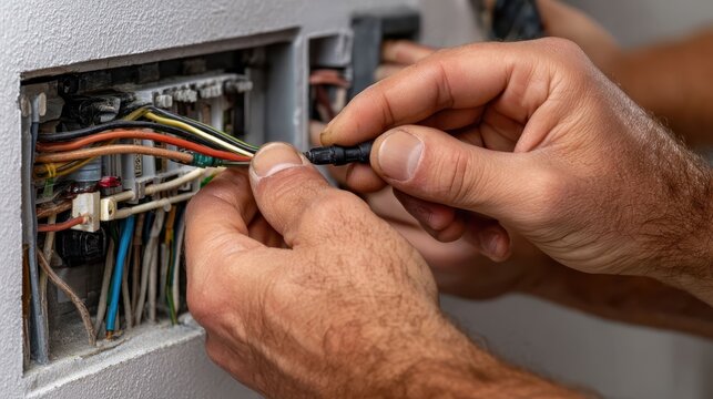 Electrician Connecting Wires in Electrical Panel During Installation or Repair