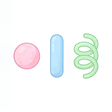 Set of cartoon bacteria and virus shapes including spherical cocci and bacilli
