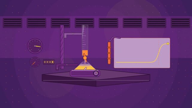 Abstract animated titration reaching its endpoint drawn as violet and blue lines and shapes on a deep dark background. Seamless looping 4K motion graphics video with free space for text, ideal for sci