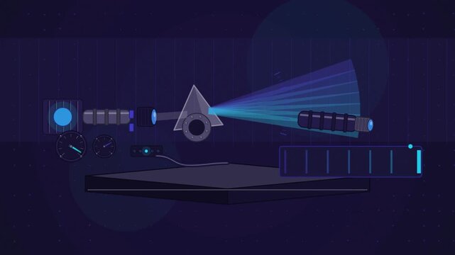 Abstract animated prism dispersing light into a spectrum drawn as blue and cyan lines and shapes on a deep dark background. Seamless looping 4K motion graphics video with free space for text, ideal fo