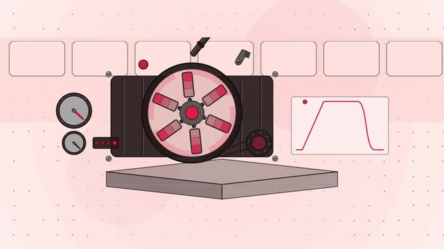 Abstract animated centrifuge separating a sample into layers drawn as coral and magenta lines and shapes on a bright, clean light background. Seamless looping 4K motion graphics video with free space 