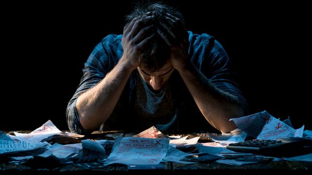 A stressed young man sitting amidst a pile of debt bills and a calculator in a dark room