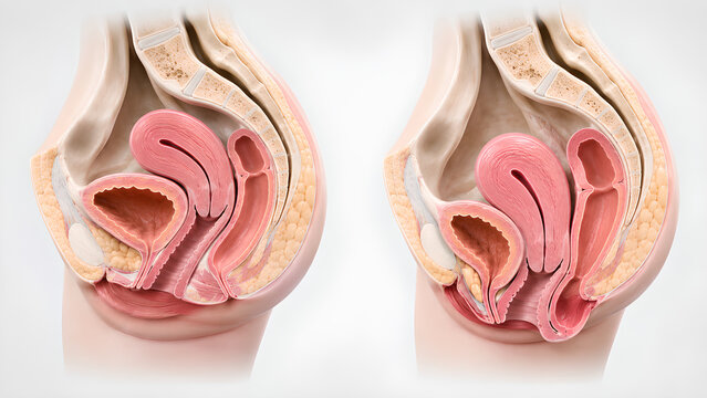 Pelvic organ prolapse medical illustration comparing normal uterus and bladder anatomy with abnormal pelvic support in realistic side-by-side 3D anatomy for healthcare and patient education