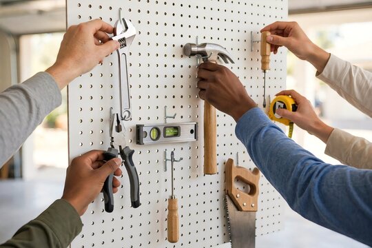 Multiple diverse hands organizing various hand tools including a hammer wrench and pliers on a white pegboard in a bright garage setting
