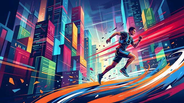 Active runner training through modern city landscape with vivid digital light trails.
