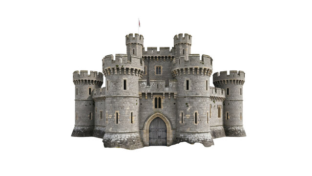 Medieval stone castle fortress with multiple round towers and a central arched gate entrance isolated on a transparent background