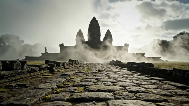 Ancient temple complex silhouette emerges from dense morning mist, strong backlighting, cloudy sky, old stone path with moss leading to grand historical architecture, spiritual travel destination