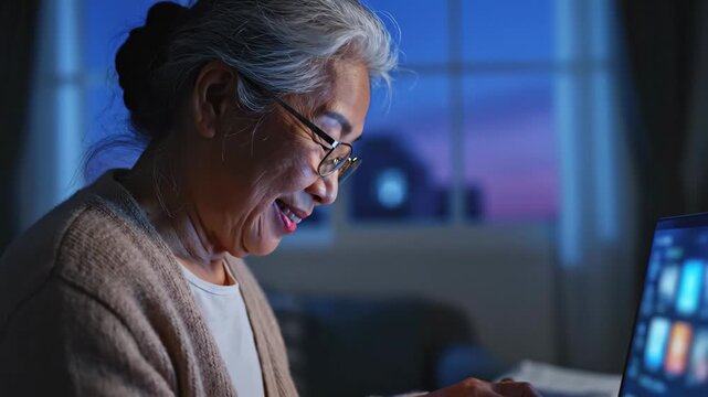 Elderly Asian woman with glasses focused on laptop screen indoors during evening twilight, light from device illuminating her face, engaged in online activity and communicating.