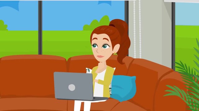 2D animation of a young woman sitting on a cozy sofa working on her laptop computer remote home office freelancing