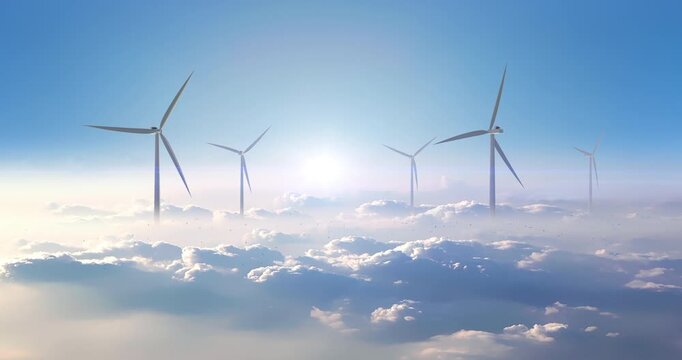 3d animation of wind turbines spinning above fluffy white clouds at sunset. Sustainable clean energy related 3d animation.