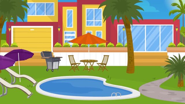 2D animation of a modern luxury villa resort with a blue swimming pool patio umbrellas and palm trees summer trip