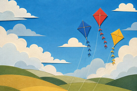 Colorful paper kites flying above rolling hills and clouds