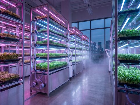 High tech indoor vertical farm with rows of fresh green microgreens under pink and blue LED hydroponic lights