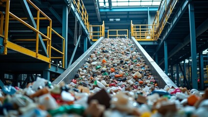 Naklejka premium Waste sorting facility operating, conveying a mixture of plastic and refuse for recycling, supporting environmental sustainability