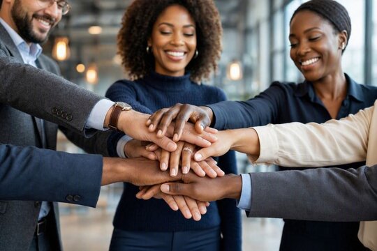 Diverse business team stacking their hands together in unity and cooperation at the office