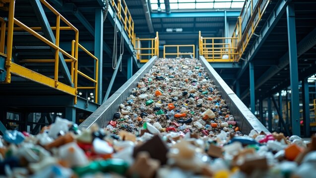 Waste sorting facility operating, conveying a mixture of plastic and refuse for recycling, supporting environmental sustainability