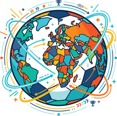 Fototapeta premium Global football tournament vector illustration with colorful world map globe, soccer ball pattern, and flying arrows