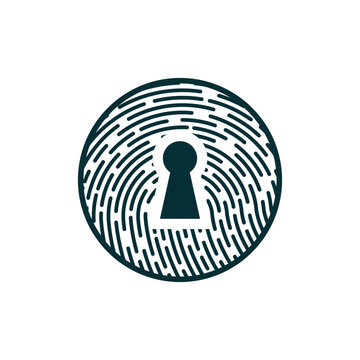 Minimalist cyber security logo icon with circular fingerprint and keyhole vector illustration