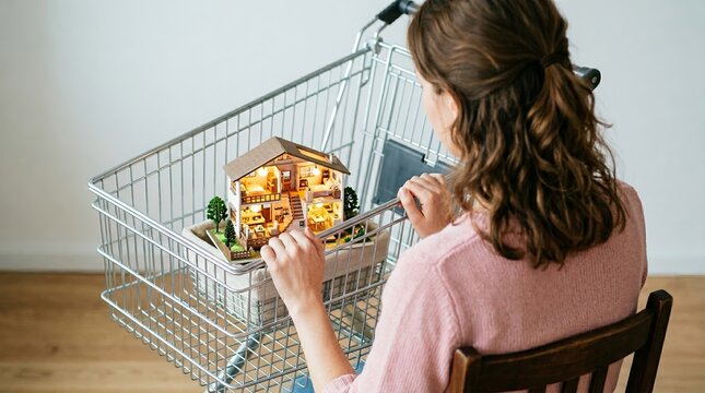 Woman holding shopping cart with miniature lit-up house model against white wall