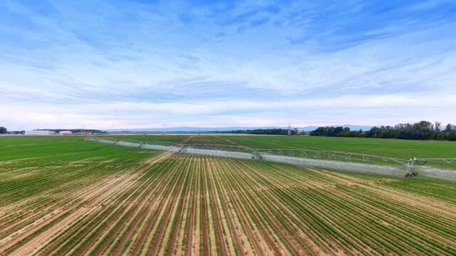 Parallel crop furrows leading to active irrigation arm. Green vegetation grows in straight lines beneath a wide open blue sky.