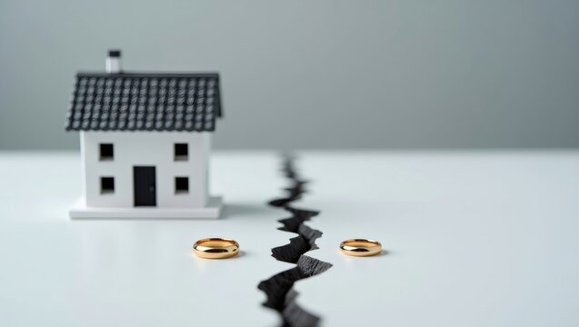 House model and wedding rings divided by a crack, representing property division, relationship breakdown, and legal separation