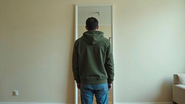 Man seeing reflection in full length mirror, exploring identity, self discovery, solitude, introspection, and individuality